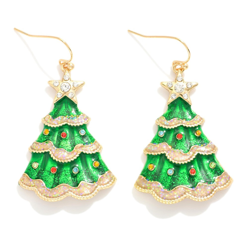 Enamel Christmas Tree Drop Earrings Featuring Glitter & Rhinestone Accents