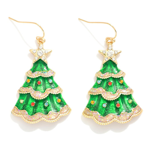 Enamel Christmas Tree Drop Earrings Featuring Glitter & Rhinestone Accents
