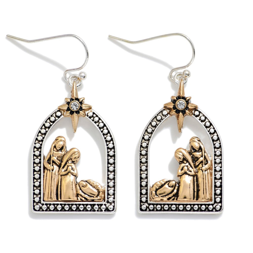Metal Tone Nativity Scene Drop Earrings