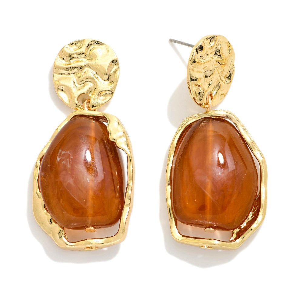 Metal Tone Hammered Disc Post Drop Linked With Metal Abstract Geometric Shape Drop Earrings - Topaz