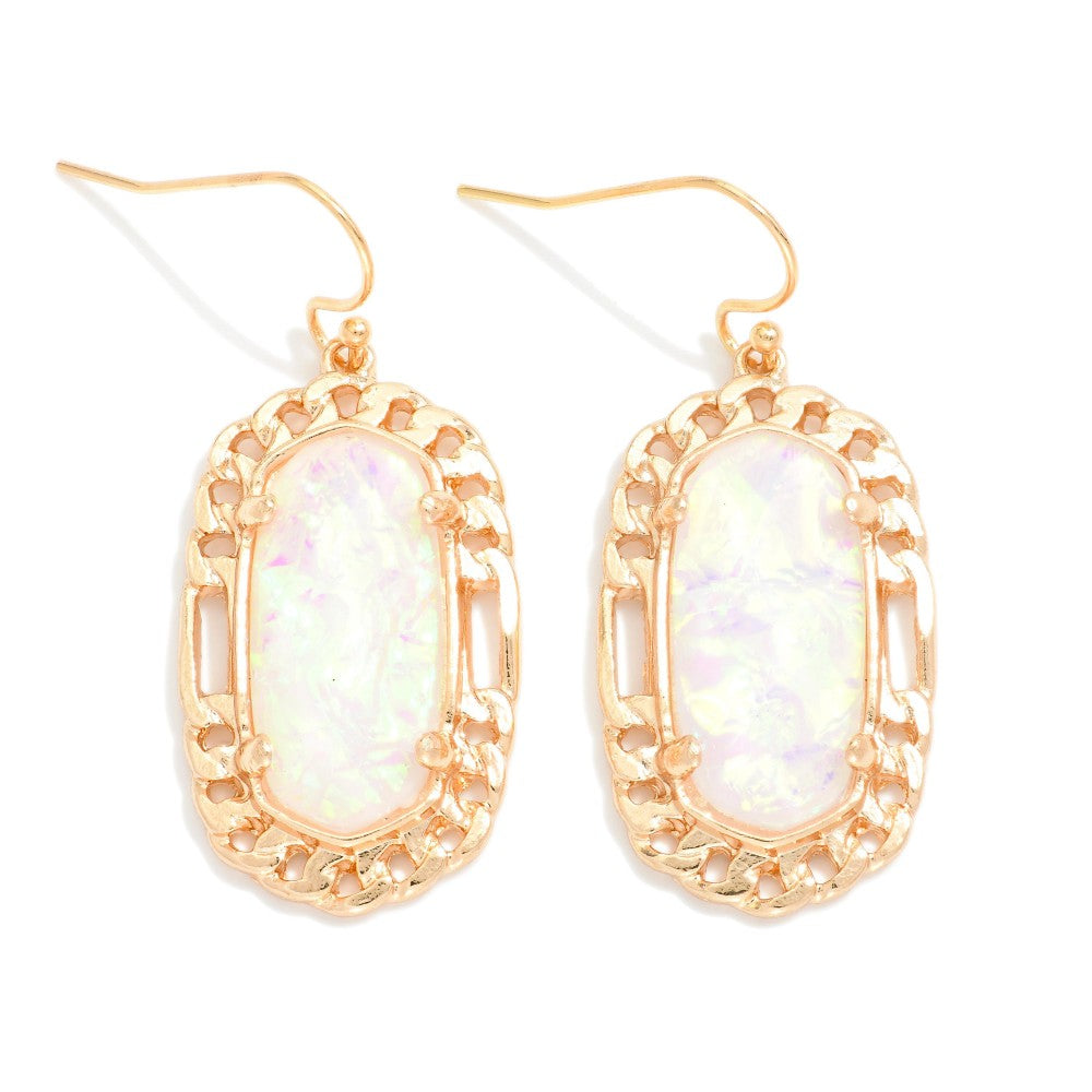 Pearlescent Stone Drop Earrings Featuring Metal Tone Border - White