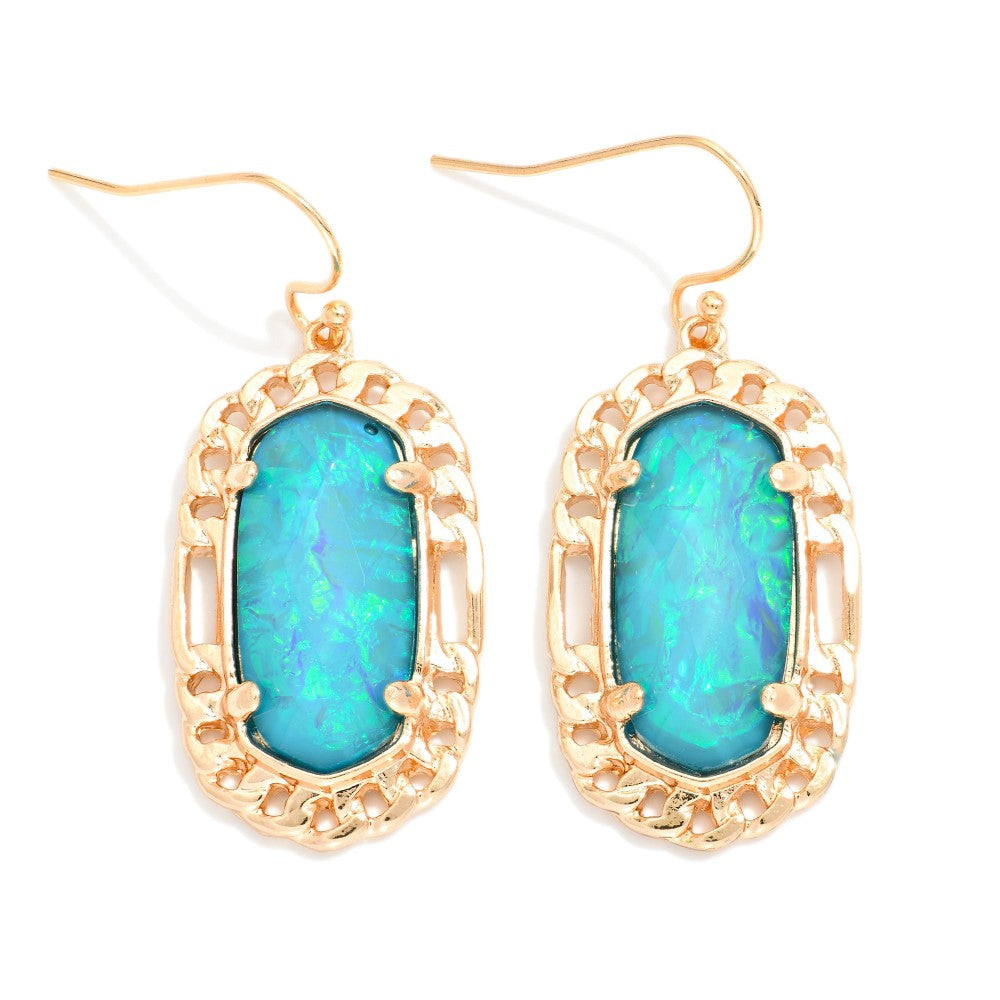 Pearlescent Stone Drop Earrings Featuring Metal Tone Border - Teal
