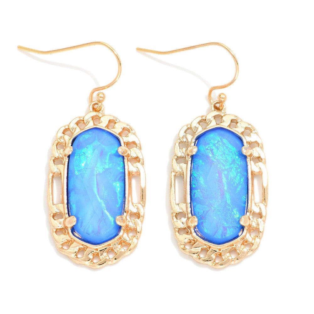 Pearlescent Stone Drop Earrings Featuring Metal Tone Border - Blue