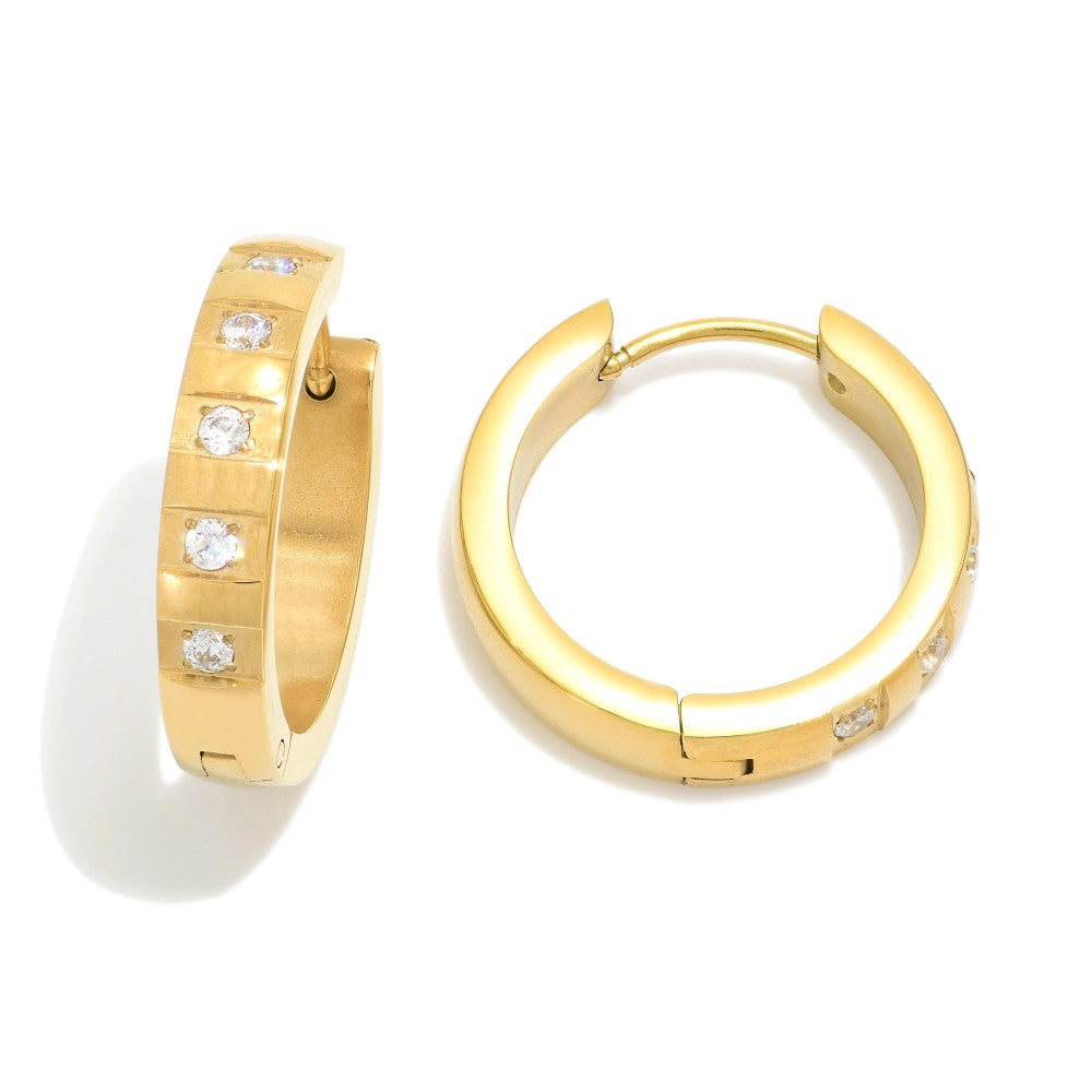 Metal Tone Hoop Earrings Featuring Rhinestones Details - Gold
