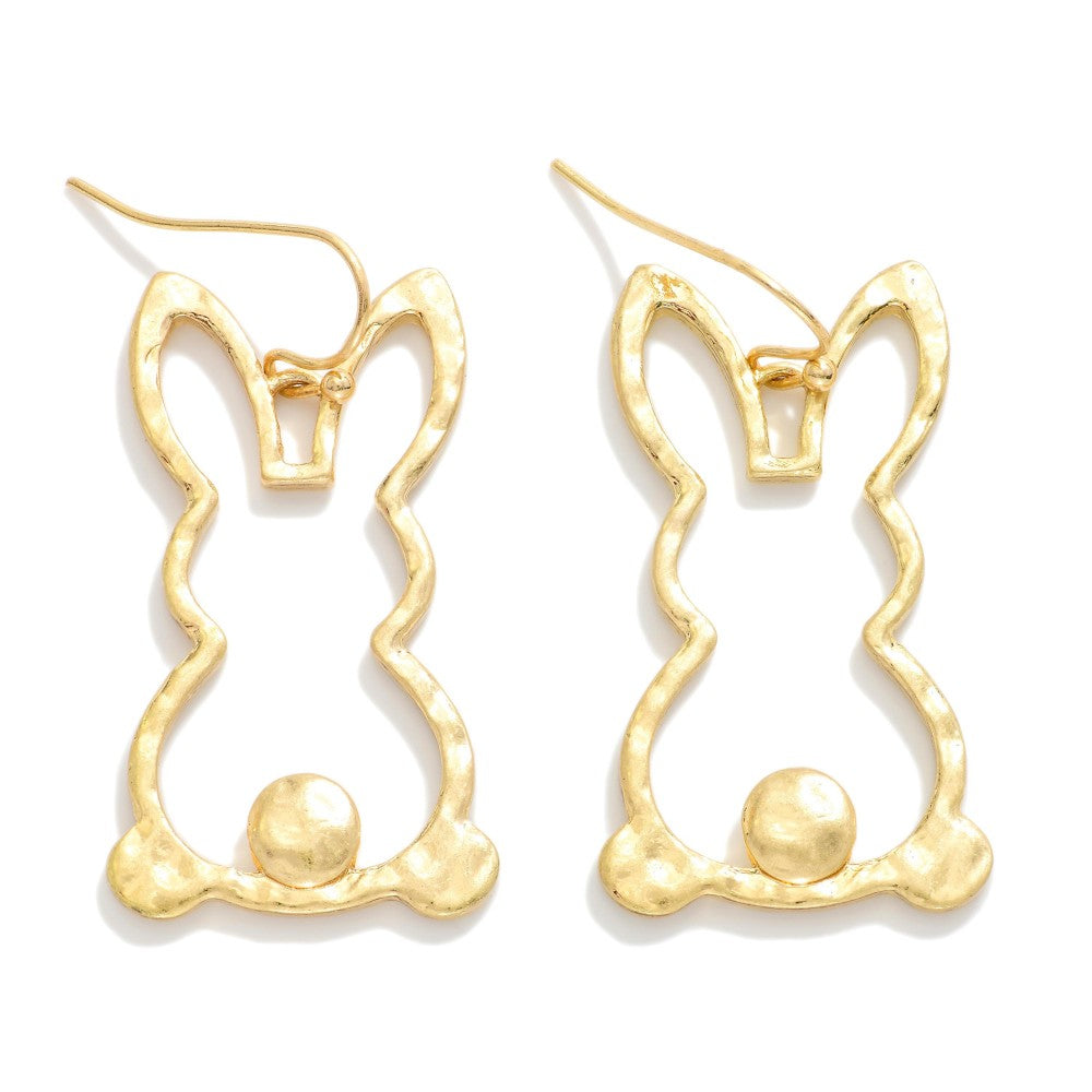 Hammered Metal Hollow Easter Bunny Post Drop Earrings - Gold