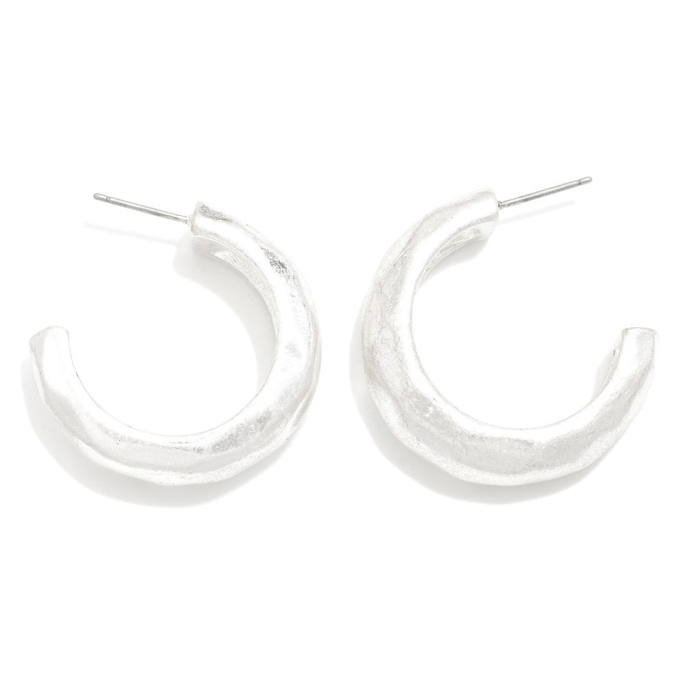 Hammered Metal Hoop Earrings - Worn Silver (Big)