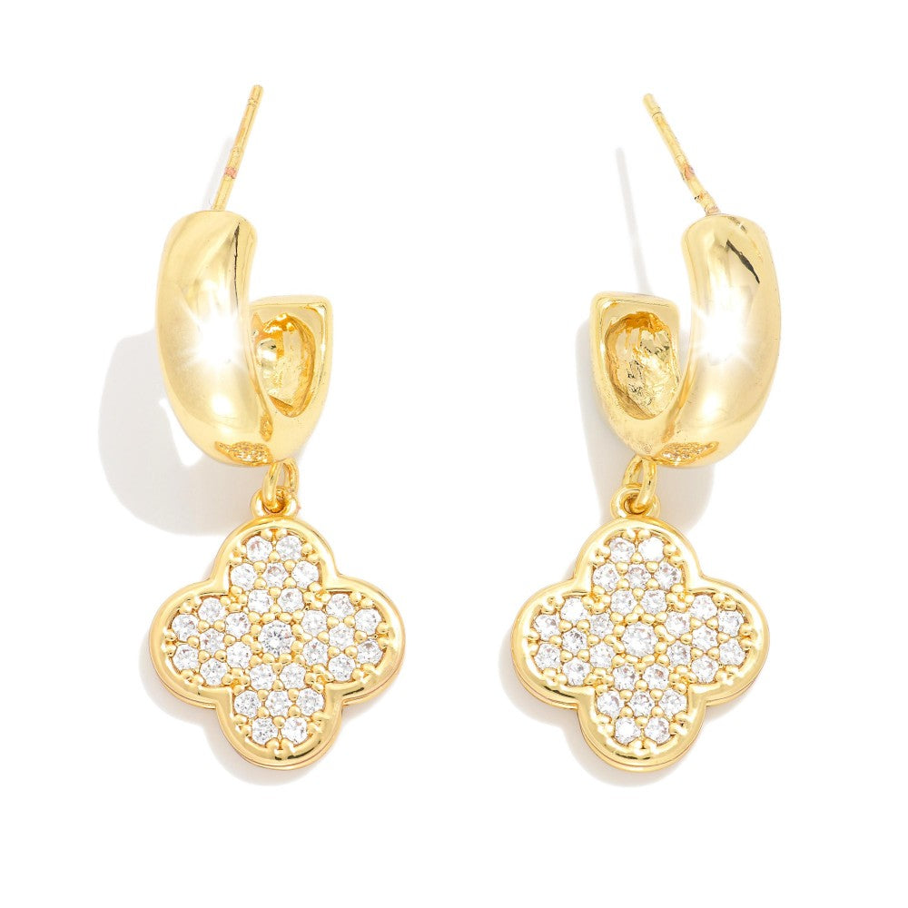 Metal Tone Hoop Earrings Featuring Cubic Zirconia Clover Dangle
