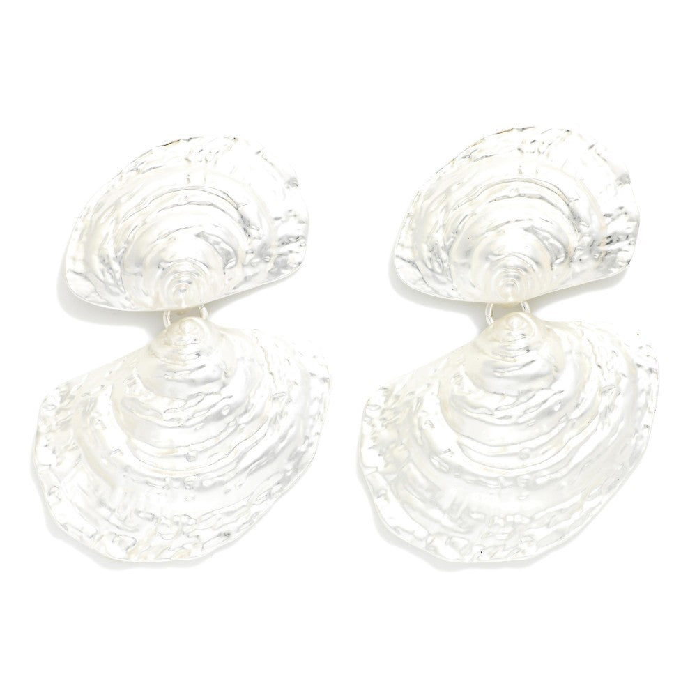 Linked Textured Metal Oyster Shell Post Drop Earrings - Silver
