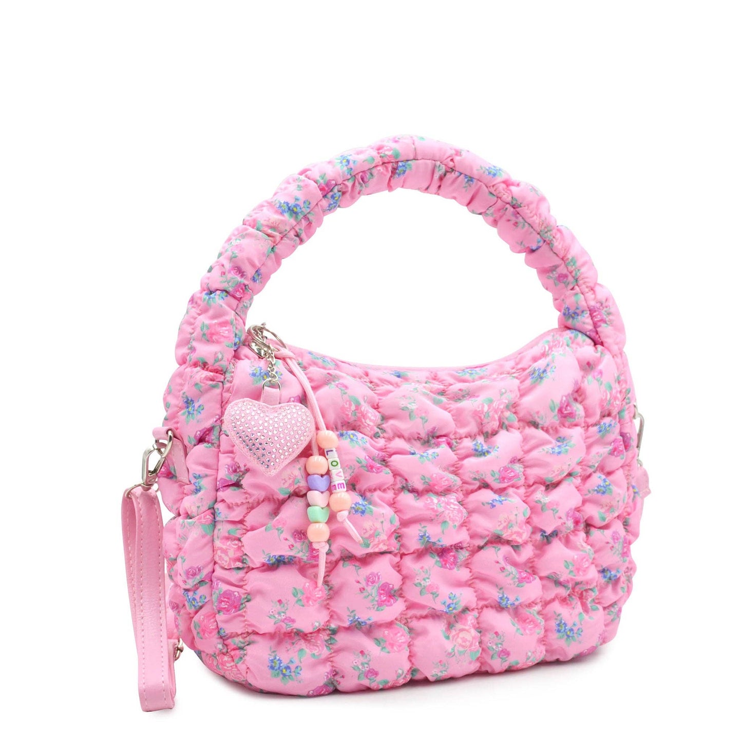 Quilted Scrunchies Floral Printed Mini Hobo Crossbody Bag: Pink Floral Print Scrunch