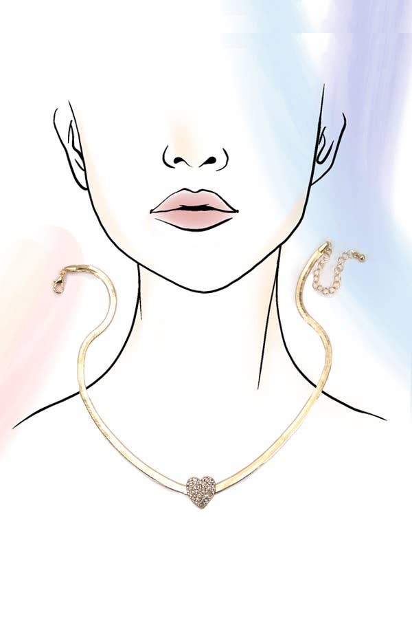 HERRING-BONE NECKLACE WITH RHINESTONE HEART CHARM