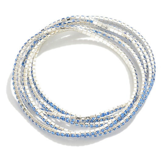 Set of Five Linked Rhinestone Stretch Bracelets - Sapphire Silver