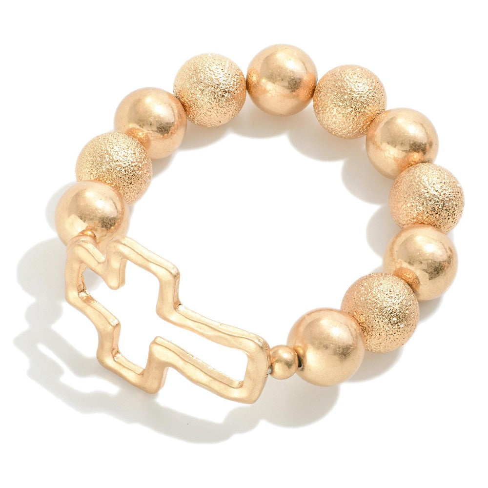 Chunky Beaded Bracelet With Hammered Cross Station - Gold