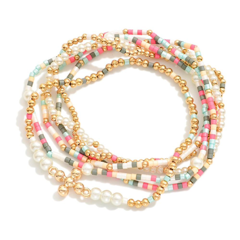 Set of Six Beaded Stretch Bracelets Featuring Pearl Beads and Dainty Cross Charm - Multi