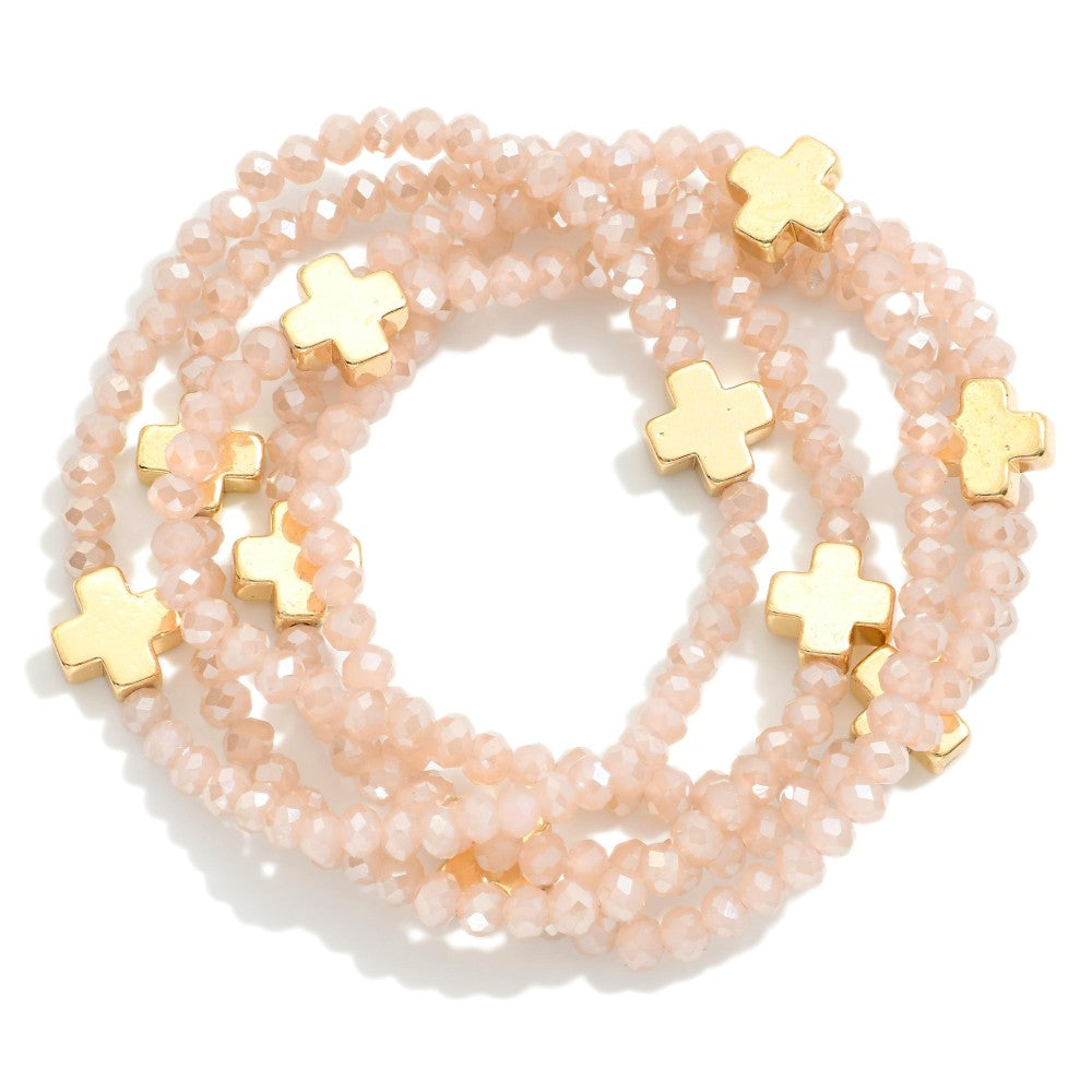 Set of Five Faceted Glass Bead Stretch Bracelets Featuring Dainty Metal Gold Tone Cross Beads- Blush