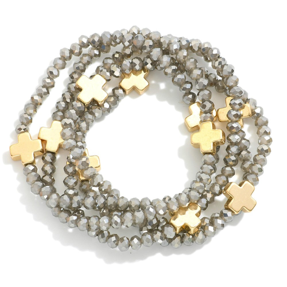 Set of Five Faceted Glass Bead Stretch Bracelets Featuring Dainty Metal Gold Tone Cross Beads- Grey