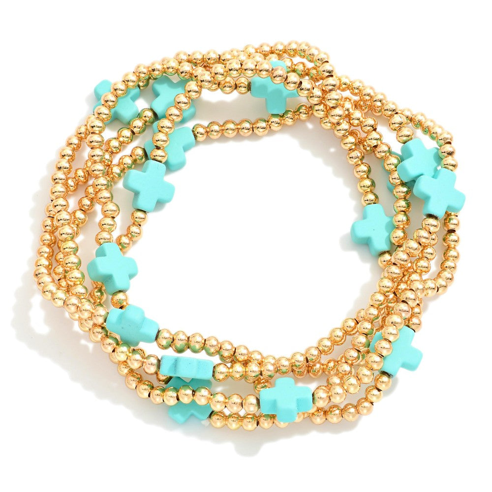 Set of Five Gold Tone Beaded Stretch Bracelets Featuring Criss Cross Bead Stations - Turquoise