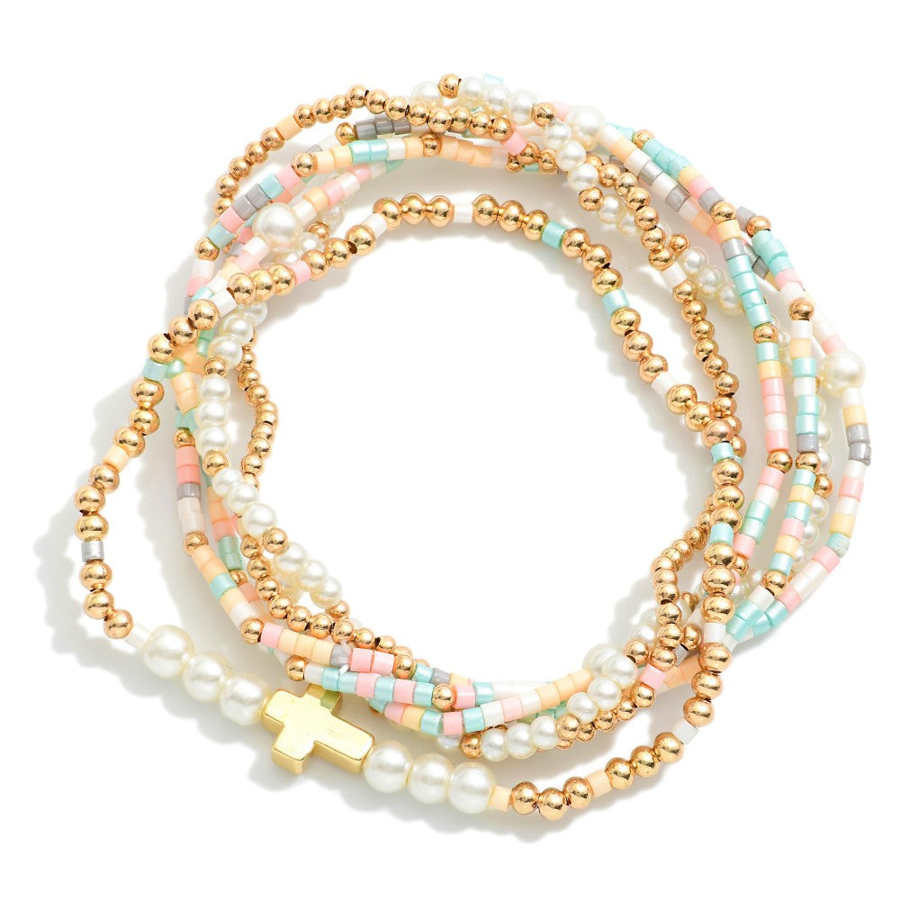 Set of Six Seed Bead, Pearl, and Gold Tone Beaded Stretch Bracelets With Cross Charm - Light Multi