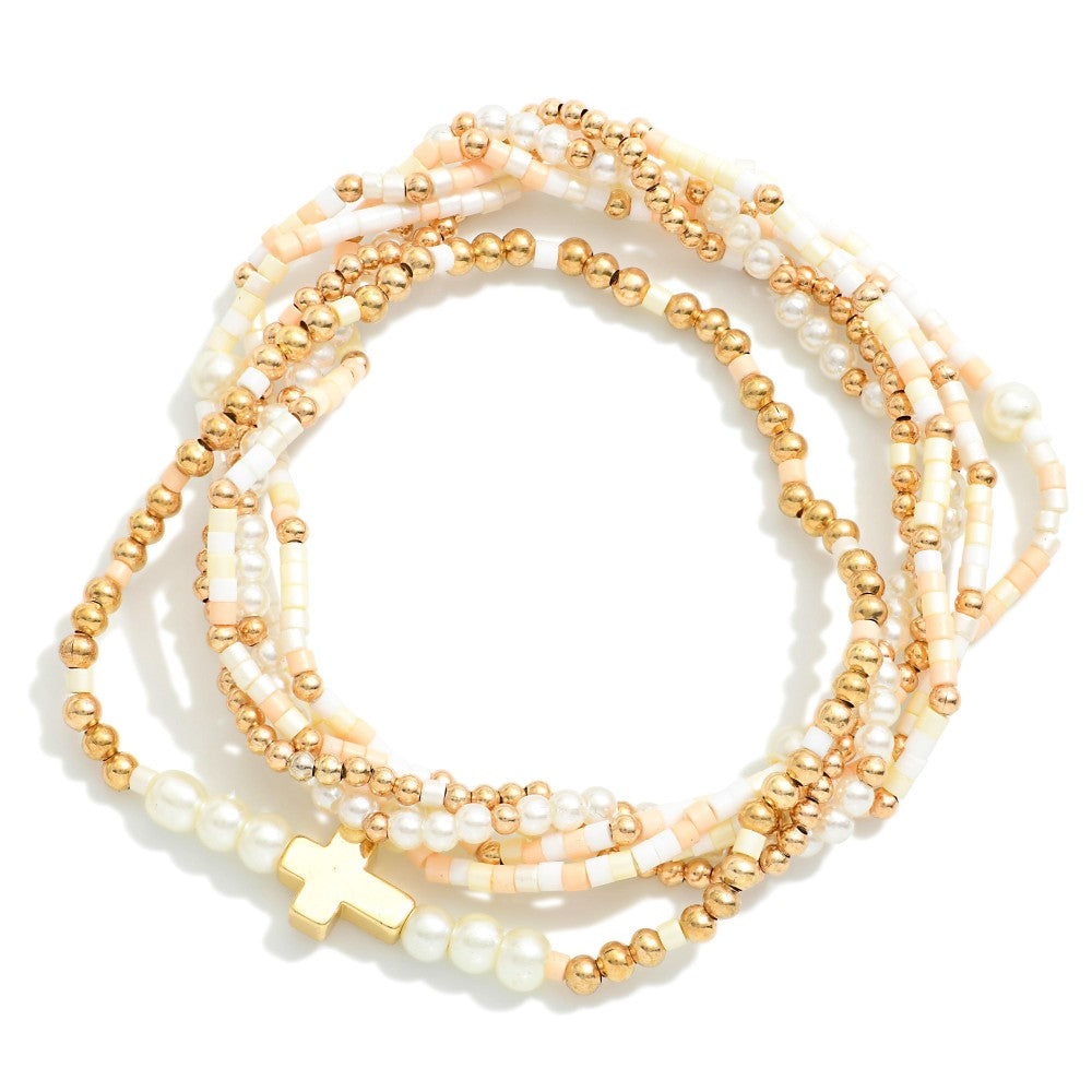 Set of Six Seed Bead, Pearl, and Gold Tone Beaded Stretch Bracelets With Cross Charm - Natural