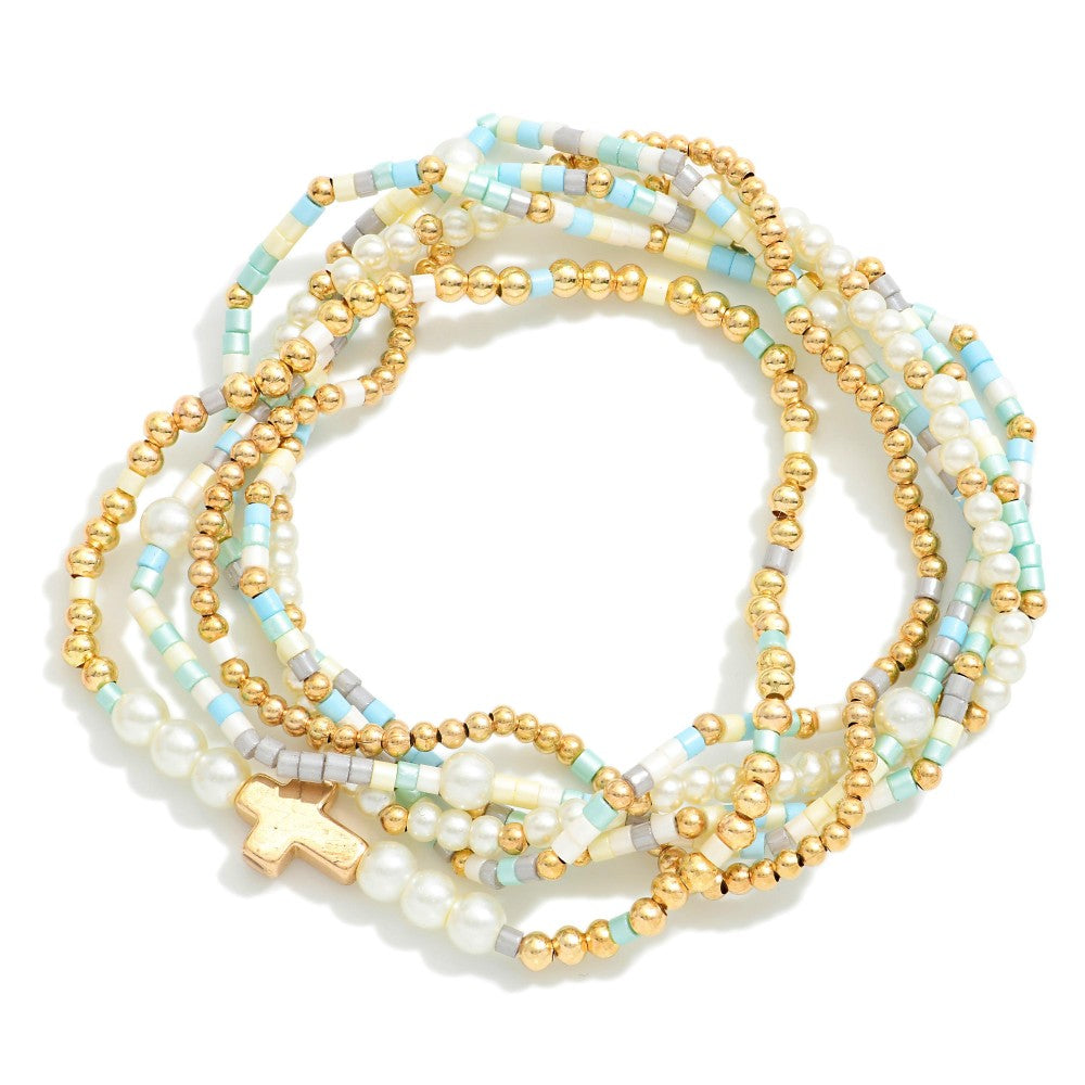 Set of Six Seed Bead, Pearl, and Gold Tone Beaded Stretch Bracelets With Cross Charm - Turquoise
