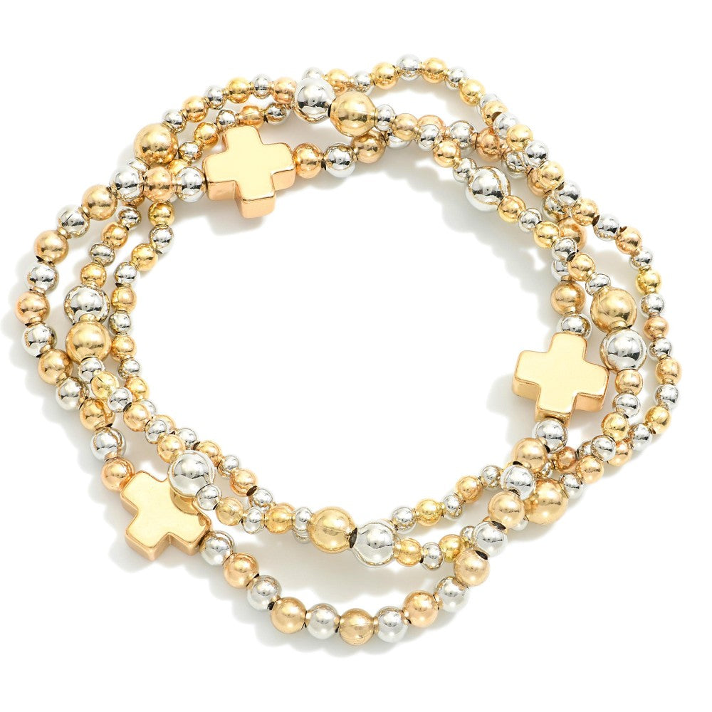 Set of Three Metal Tone Beaded Stretch Bracelets Featuring Dainty Metal Tone Cross Beads - Gold/Silver