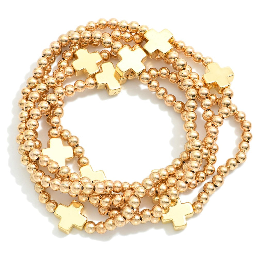Set of Five Metal Beaded Stretch Bracelets Featuring Dainty Metal Cross Beads