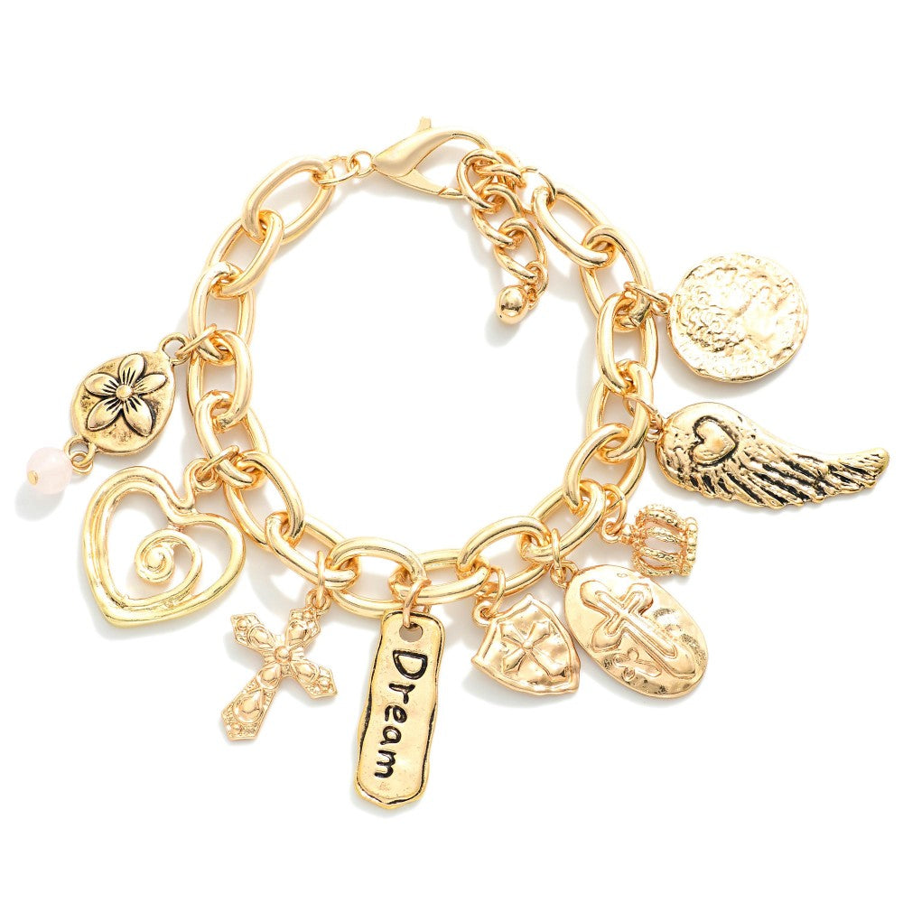 Gold Tone Metal Chain Link Charm Bracelet Featuring Crosses and Angel Wing - Gold