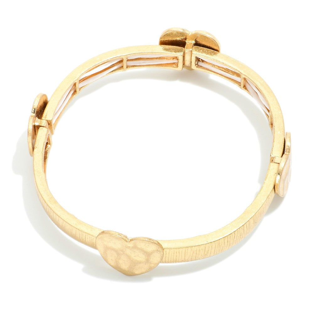 Metal Stretch Bangle Bracelet With heart Stations - Gold