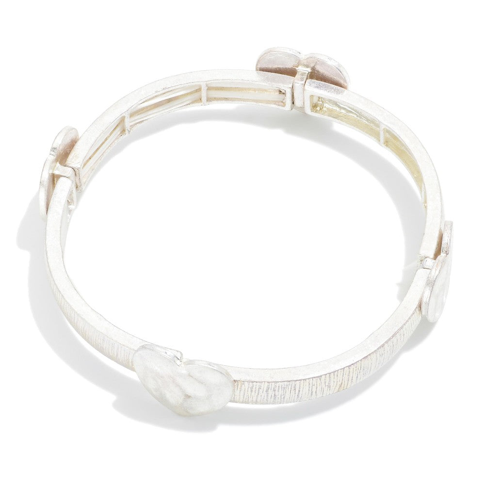Metal Stretch Bangle Bracelet With heart Stations - Silver