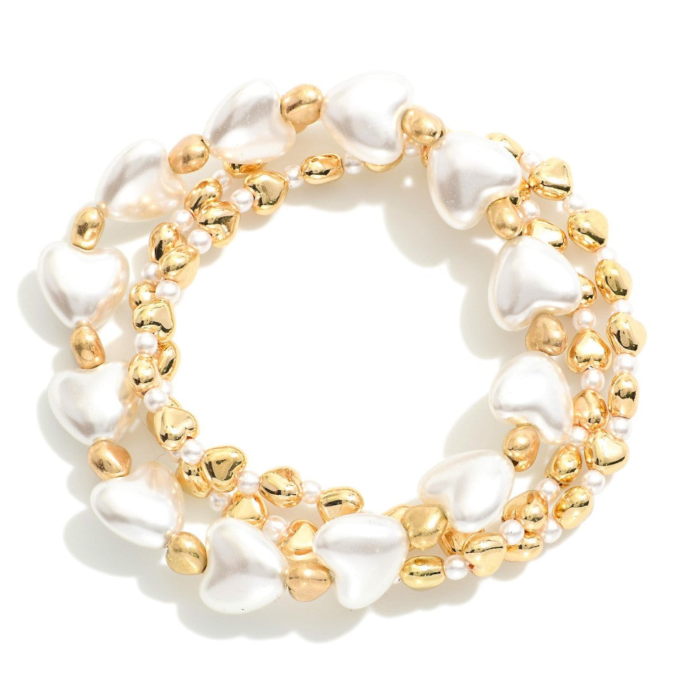 Set OF Three Beaded Stretch Bracelets Featuring Hearts & Metal Tones - White