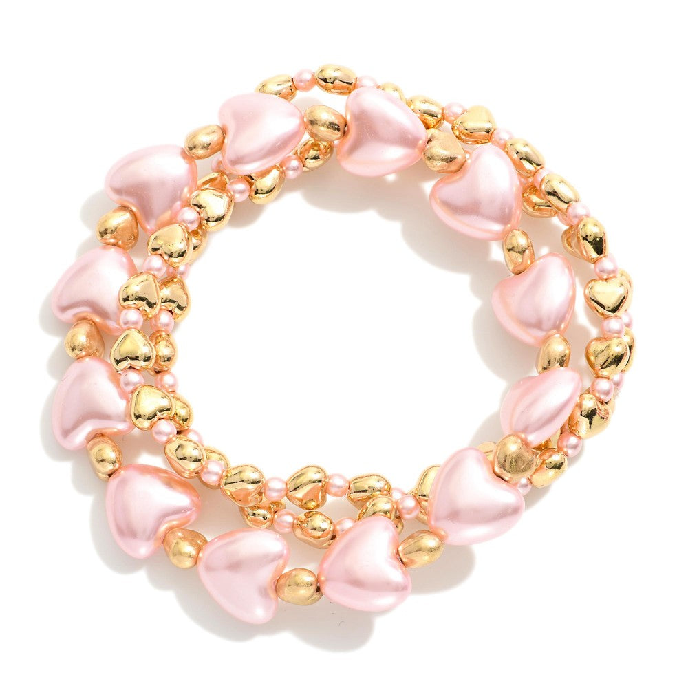 Set OF Three Beaded Stretch Bracelets Featuring Hearts & Metal Tones - Light Pink