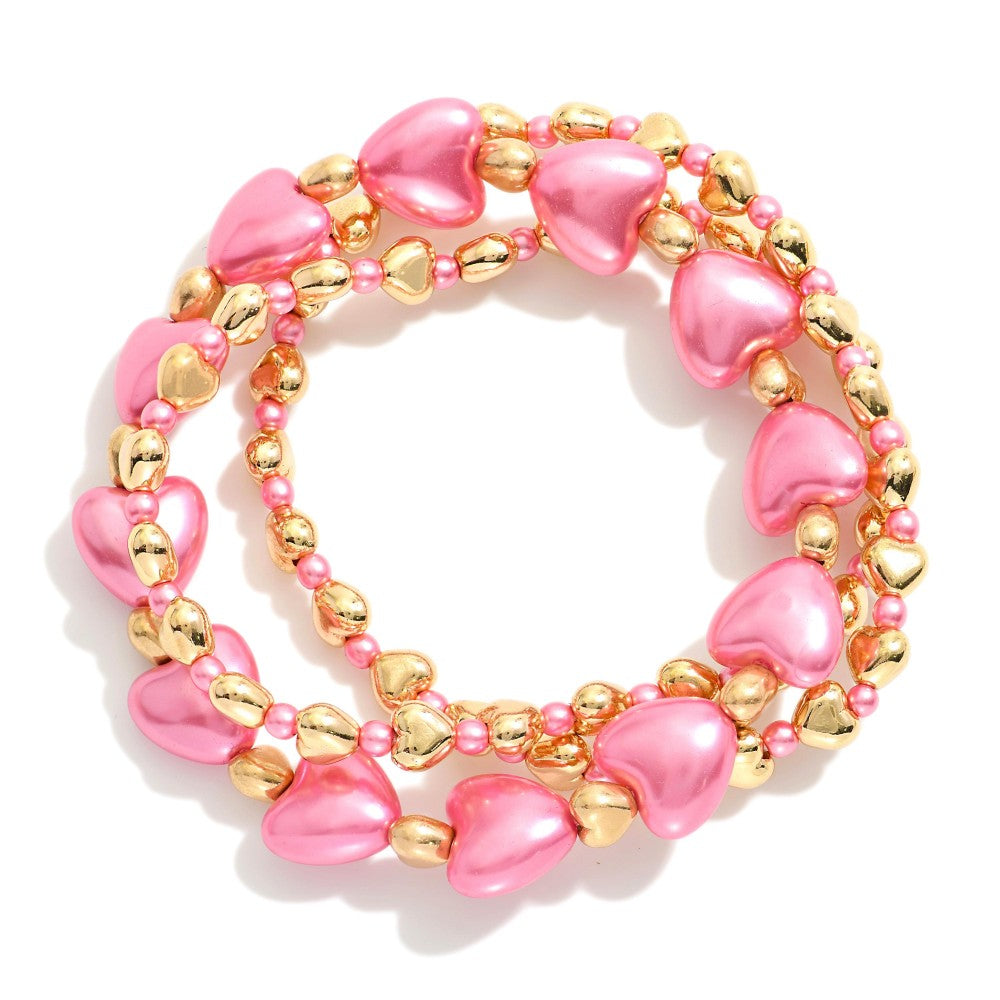 Set OF Three Beaded Stretch Bracelets Featuring Hearts & Metal Tones - Dark Pink