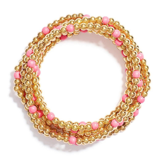 Set Of Seven Metal Tone Beaded Bracelets Featuring Stone Beads - Pink