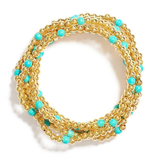 Set Of Seven Metal Tone Beaded Bracelets Featuring Stone Beads - Turquoise