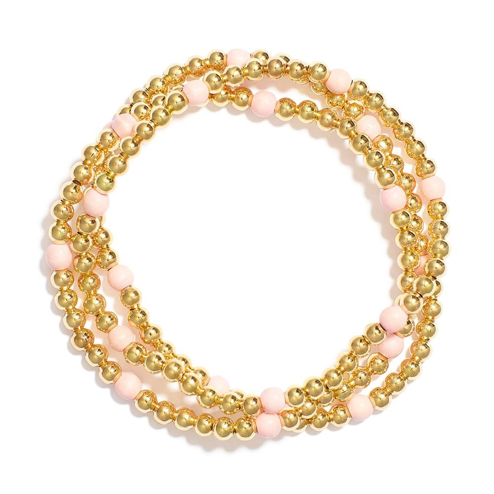 Set Of Three Metal Tone Beaded Stretch Bracelets Featuring Stone Beads - Pink