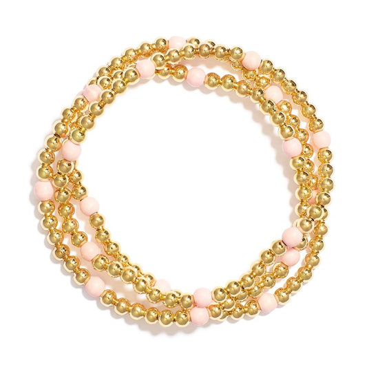Set Of Three Metal Tone Beaded Stretch Bracelets Featuring Stone Beads - Pink