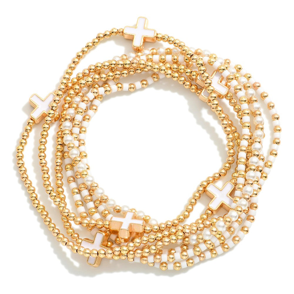 Set Of Seven Beaded Stretch Bracelets Featuring Metal Tones, Pearls, & Enamel Criss Cross Beads - White