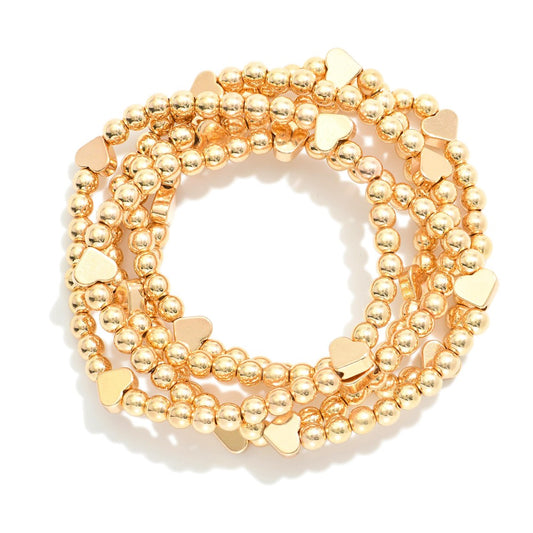 Set of Five Metal Tone Beaded Stretch Bracelets Featuring Dainty Metal Tone Heart Beads
