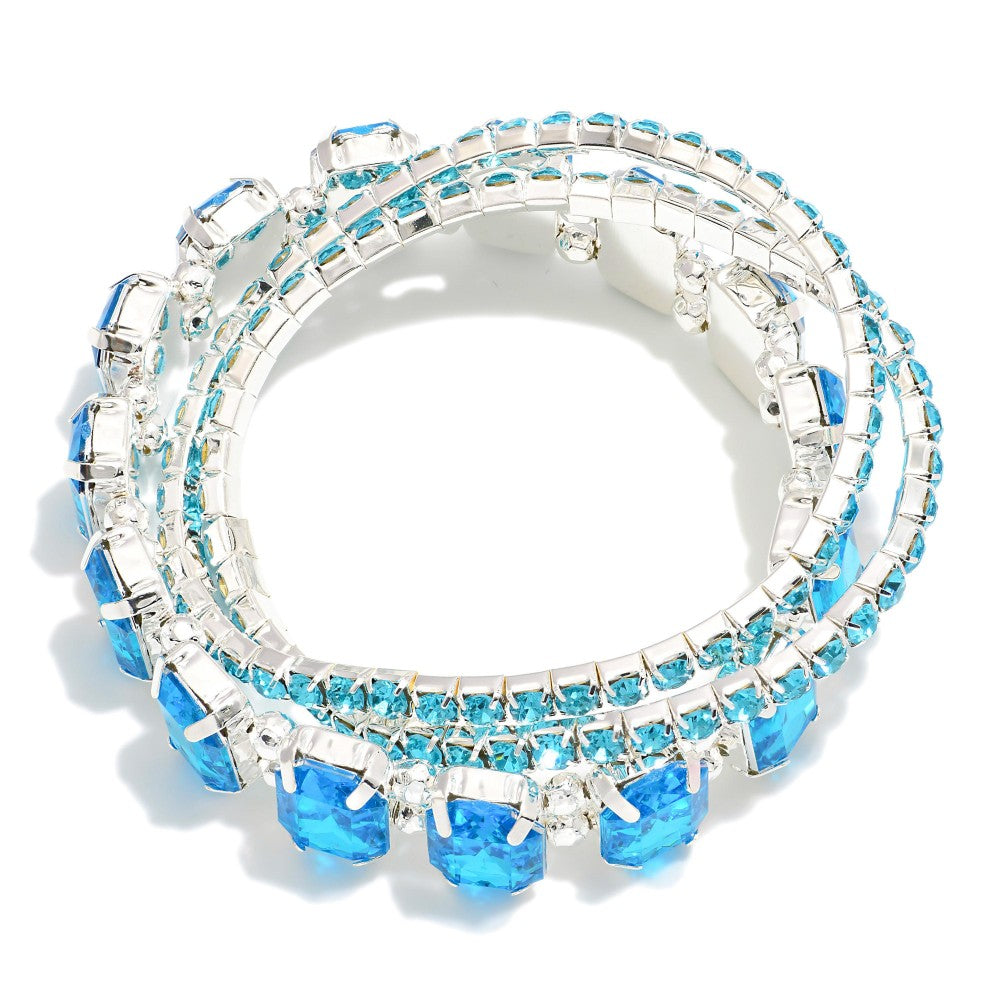 Set Of Three Rhinestone Studded Stretch Bracelets - Aqua