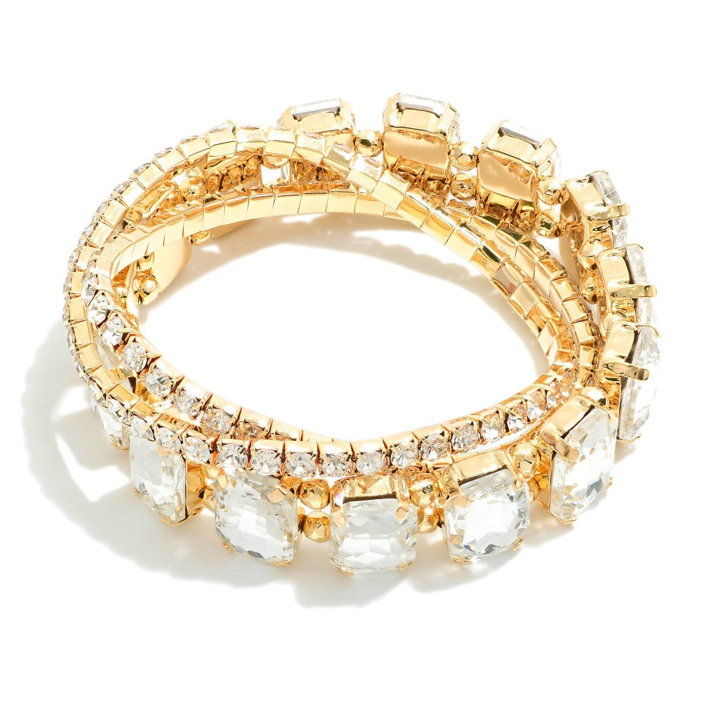 Set Of Three Rhinestone Studded Stretch Bracelets - Crystal