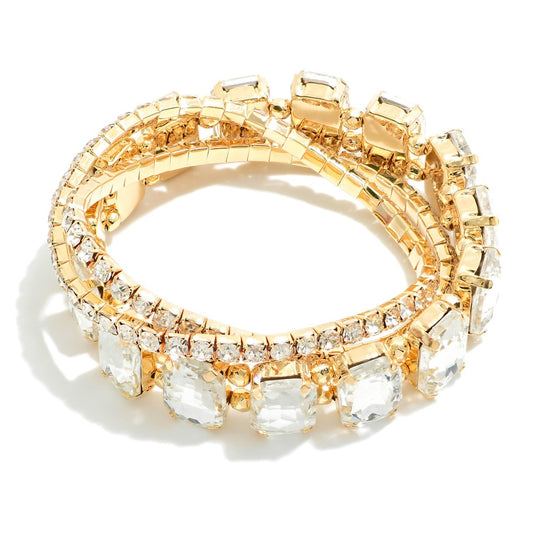 Set Of Three Rhinestone Studded Stretch Bracelets - Crystal