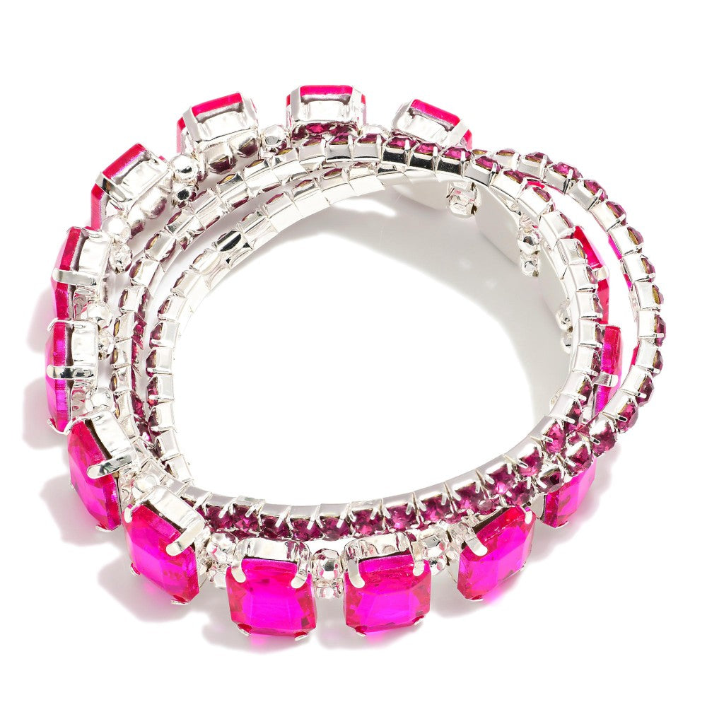 Set Of Three Rhinestone Studded Stretch Bracelets - Fuchsia