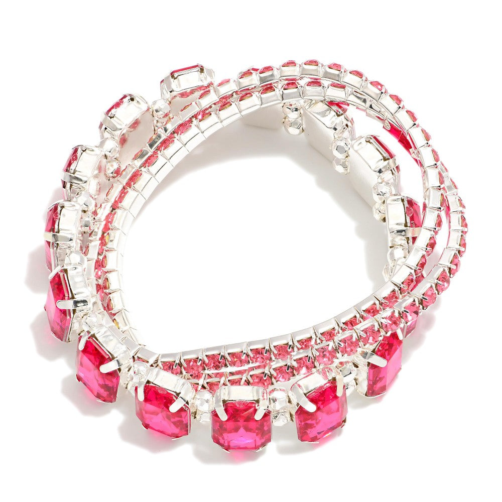 Set Of Three Rhinestone Studded Stretch Bracelets - Rose