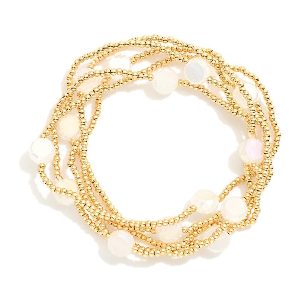 Set Of Five Metal Tone Beaded Bracelets Featuring Faceted Bead Accents