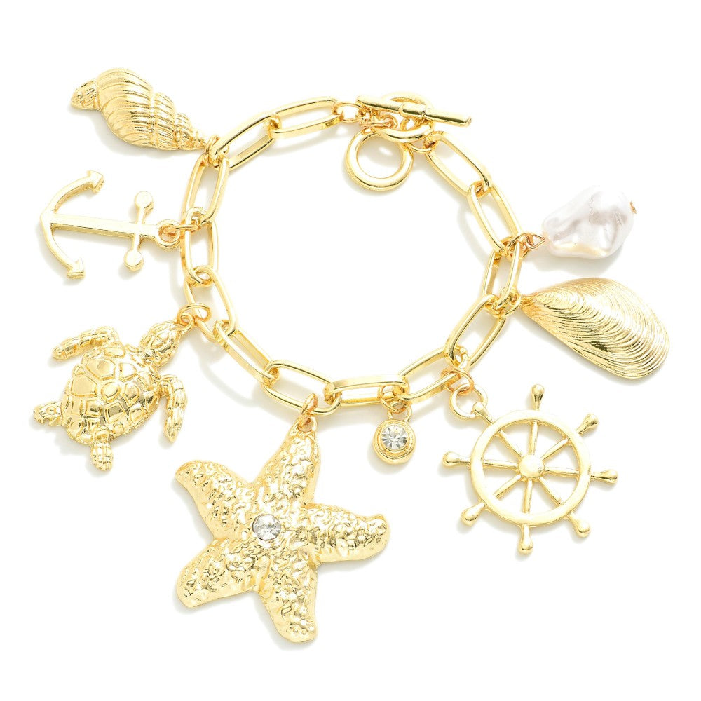 Chain Link Charm Bracelet Featuring Metal Tones, Pearl, & Beach Charms