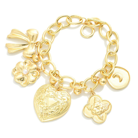 Chain Link Charm Bracelet Featuring Metal Tones, Heart, & Flower Charms