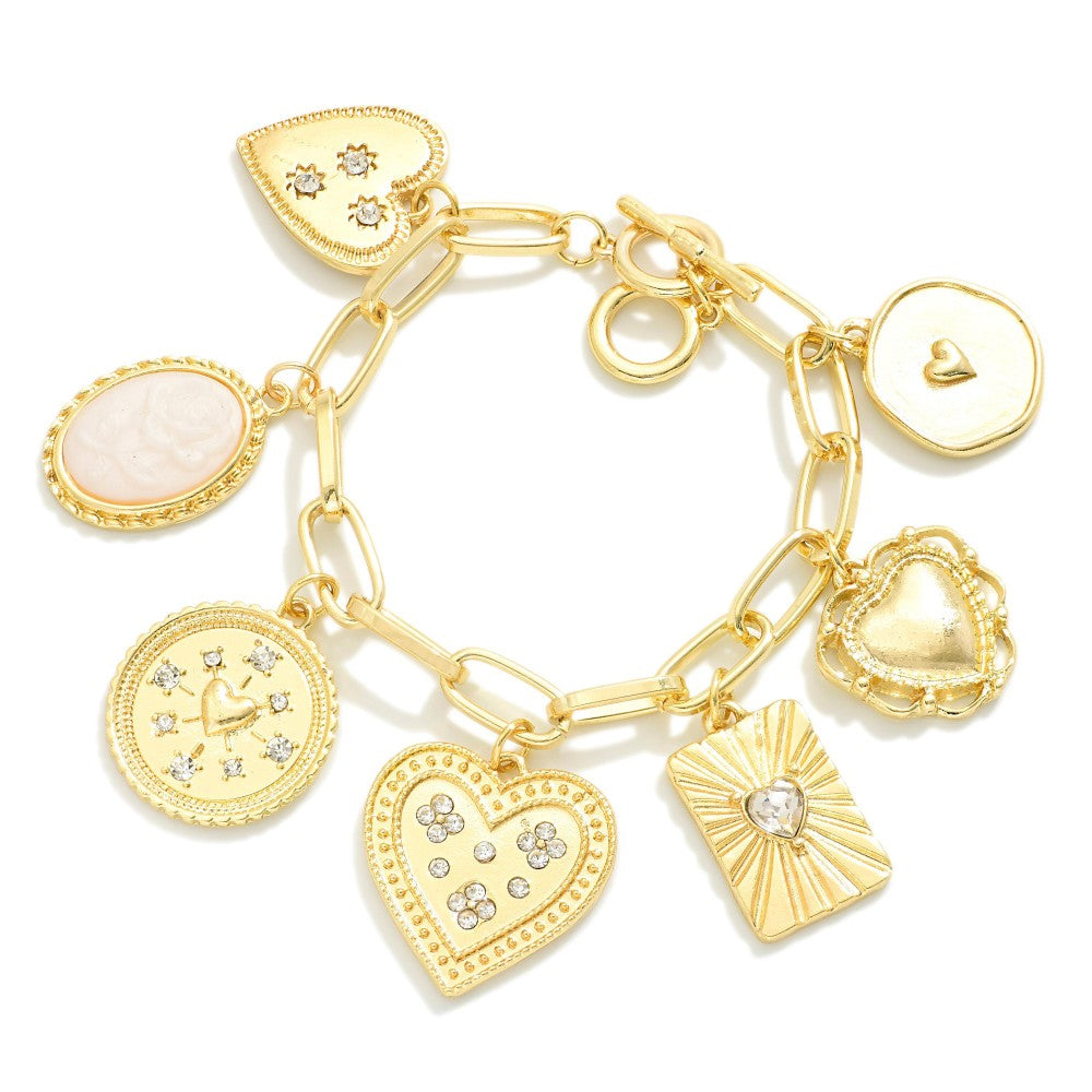 Chain Link Charm Bracelet Featuring Metal Tones, Hearts, & Rhinestones