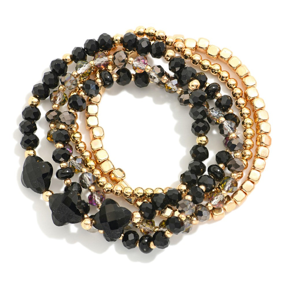 Set Of Five Beaded Stretch Bracelets Featuring Faceted Beads, Metal Tones, & Stone Clovers - Black