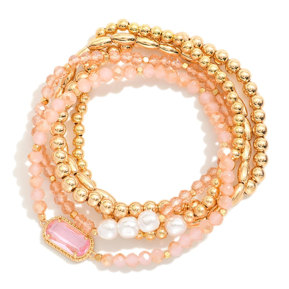 Set Of Five Beaded Stretch Bracelets Featuring Metal Tones, Faceted Beads, & Glass Crystal Accent - Pink