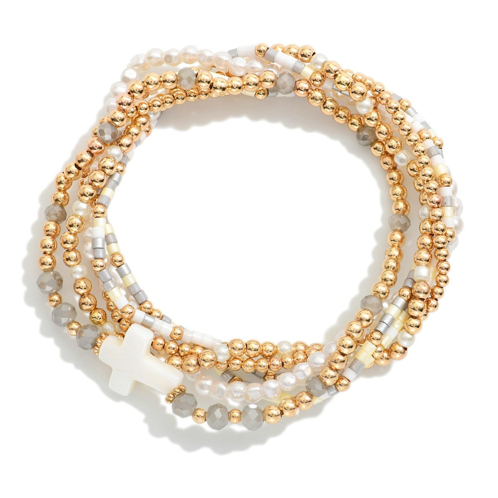 Set Of Six Beaded Stretch Bracelets Featuring Heishi Beads, Metal Tones, & Pearl East West Cross - Gray