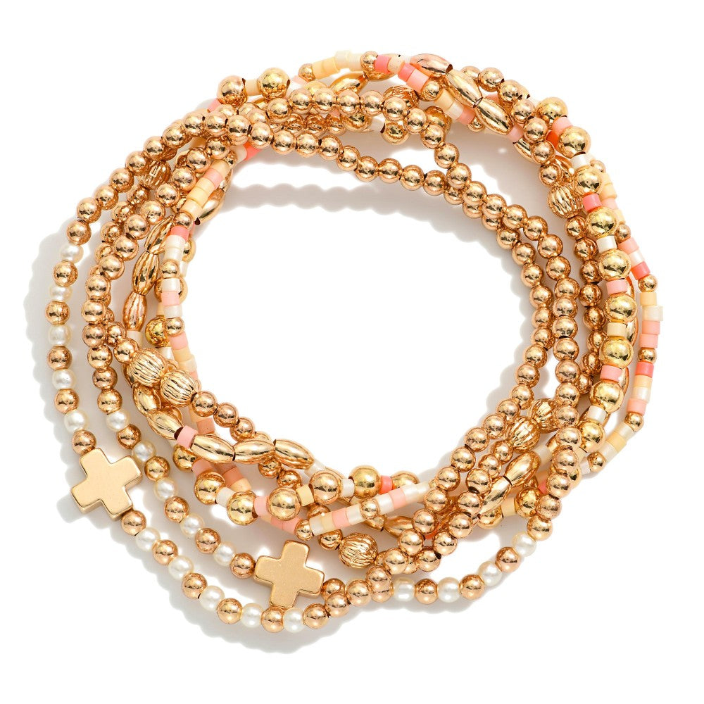 Set Of Six Beaded Stretch Bracelets Featuring Metal Tones, Heishi Beads, & Plus Crosses - Pink